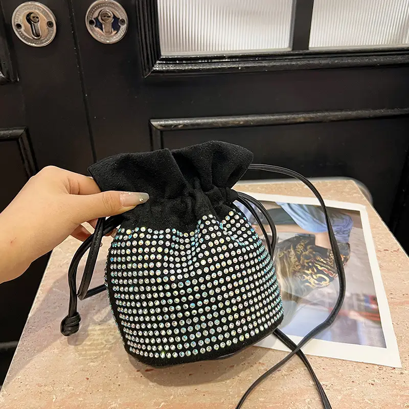 Diamond Drawstring Bag for Women Black White Sparkle Belted