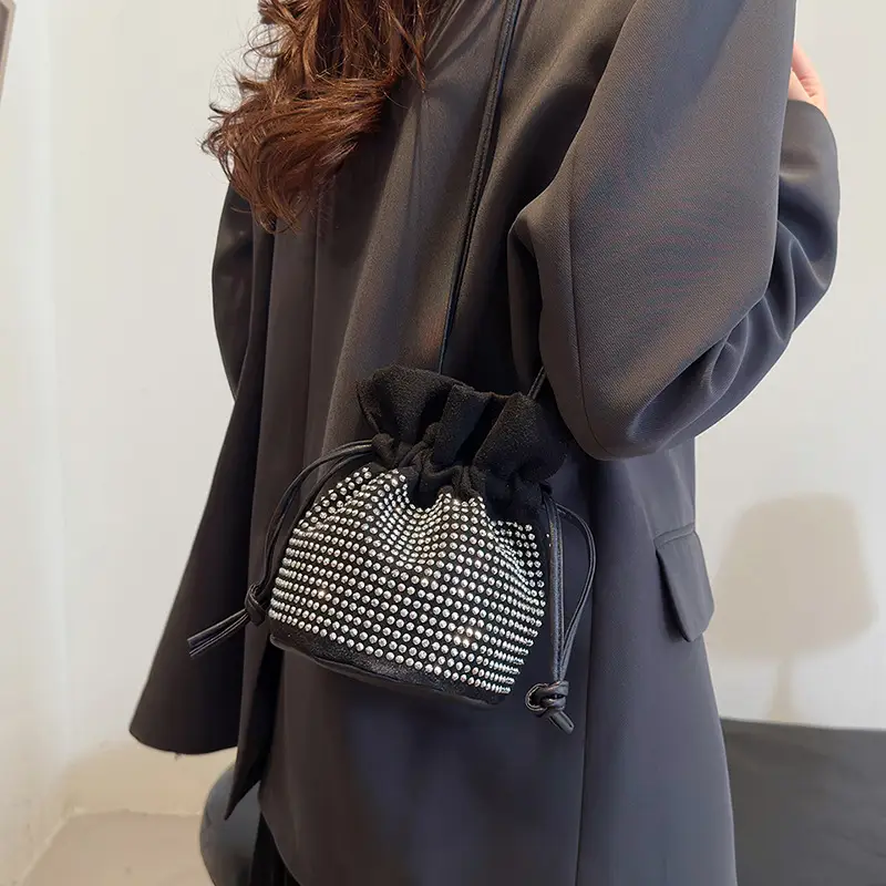 Diamond Drawstring Bag for Women Black White Sparkle Belted