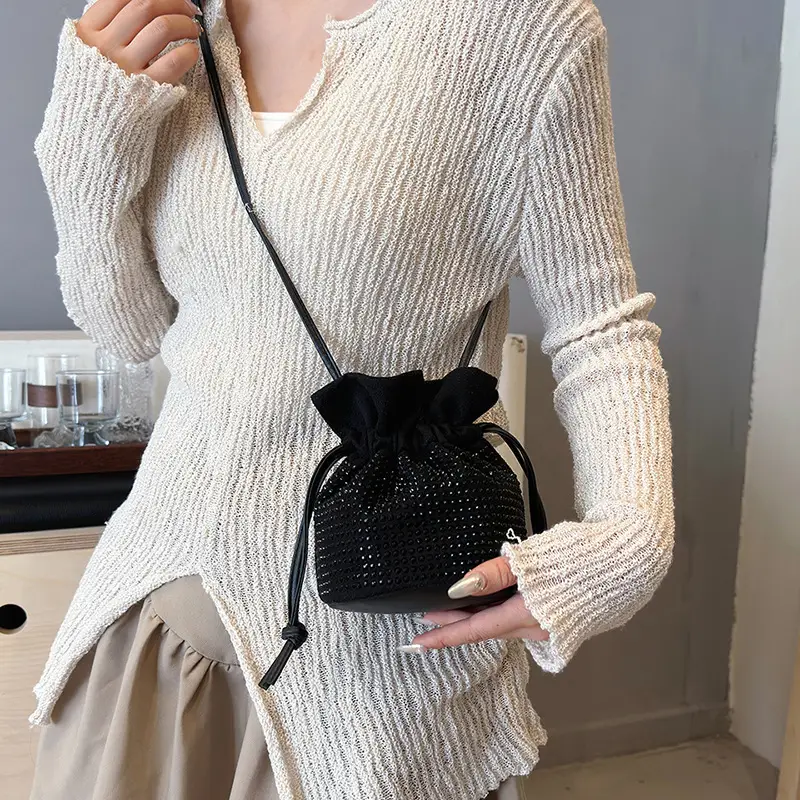 Diamond Drawstring Bag for Women Black White Sparkle Belted
