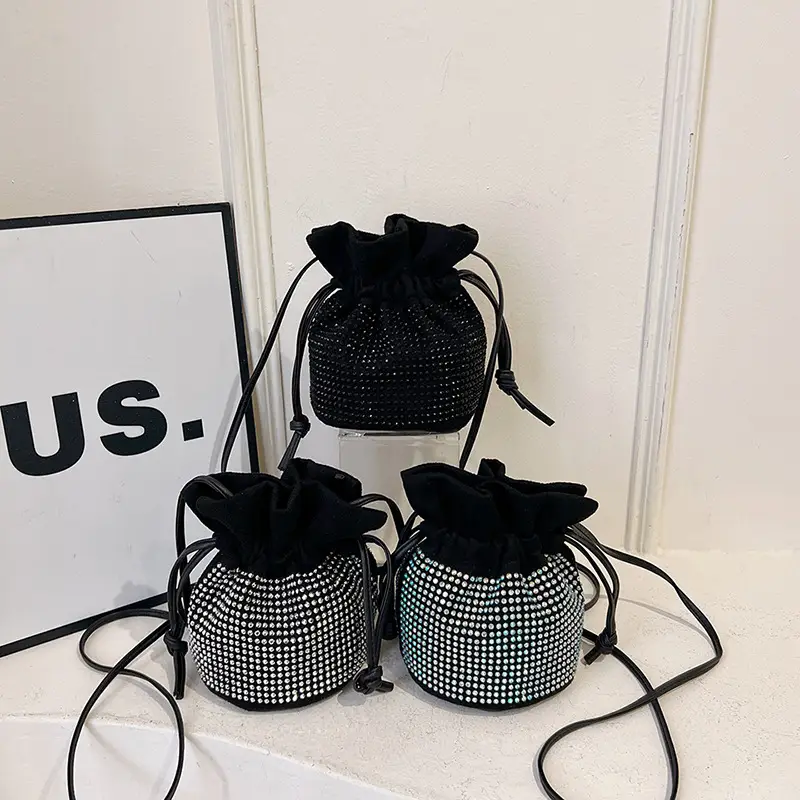 Diamond Drawstring Bag for Women Black White Sparkle Belted