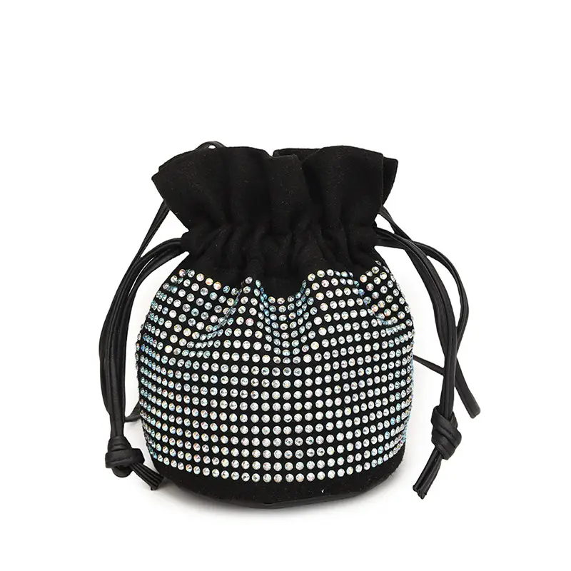 Diamond Drawstring Bag for Women Black White Sparkle Belted