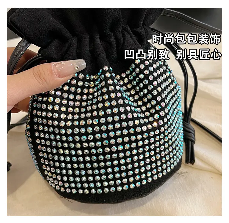 Diamond Drawstring Bag for Women Black White Sparkle Belted — feature 10