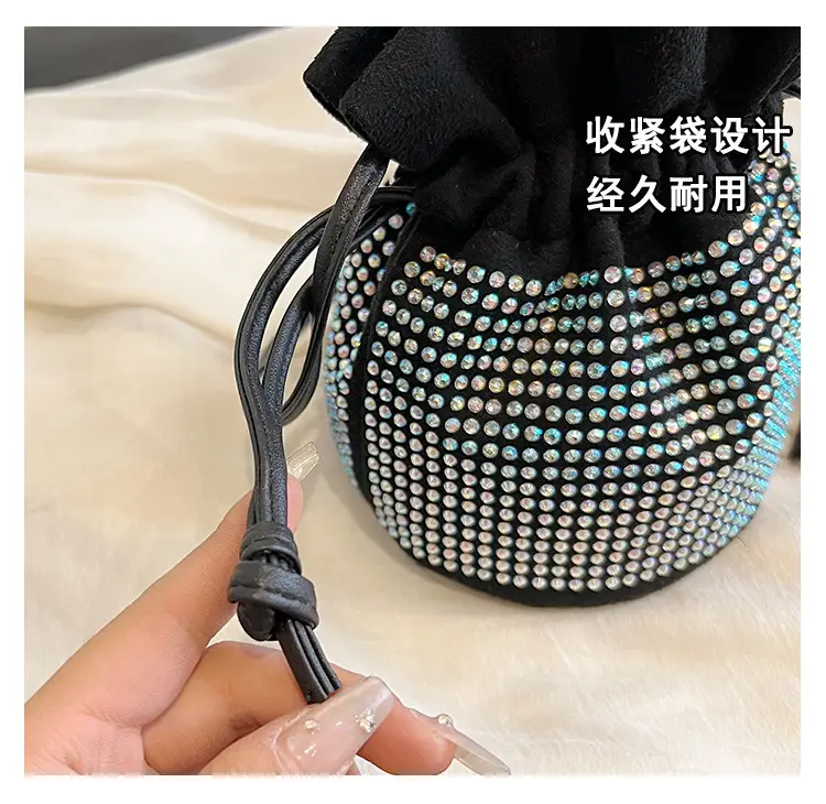 Diamond Drawstring Bag for Women Black White Sparkle Belted — feature 11