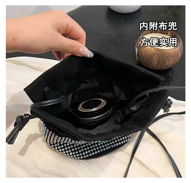 Diamond Drawstring Bag for Women Black White Sparkle Belted — feature 12