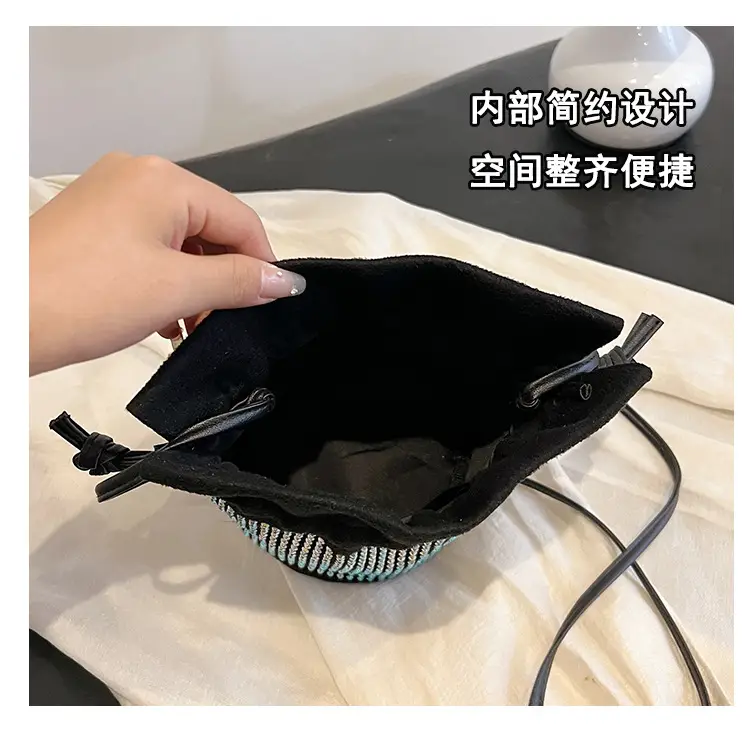 Diamond Drawstring Bag for Women Black White Sparkle Belted — feature 13