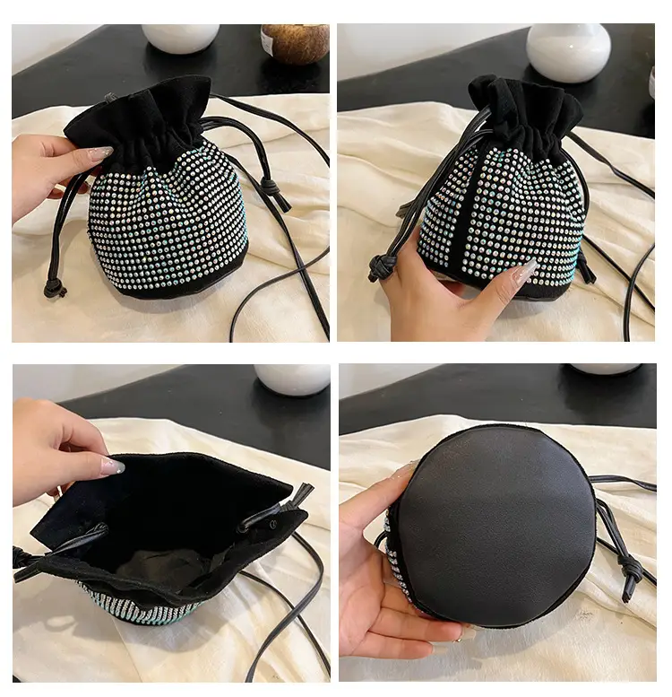 Diamond Drawstring Bag for Women Black White Sparkle Belted — feature 15