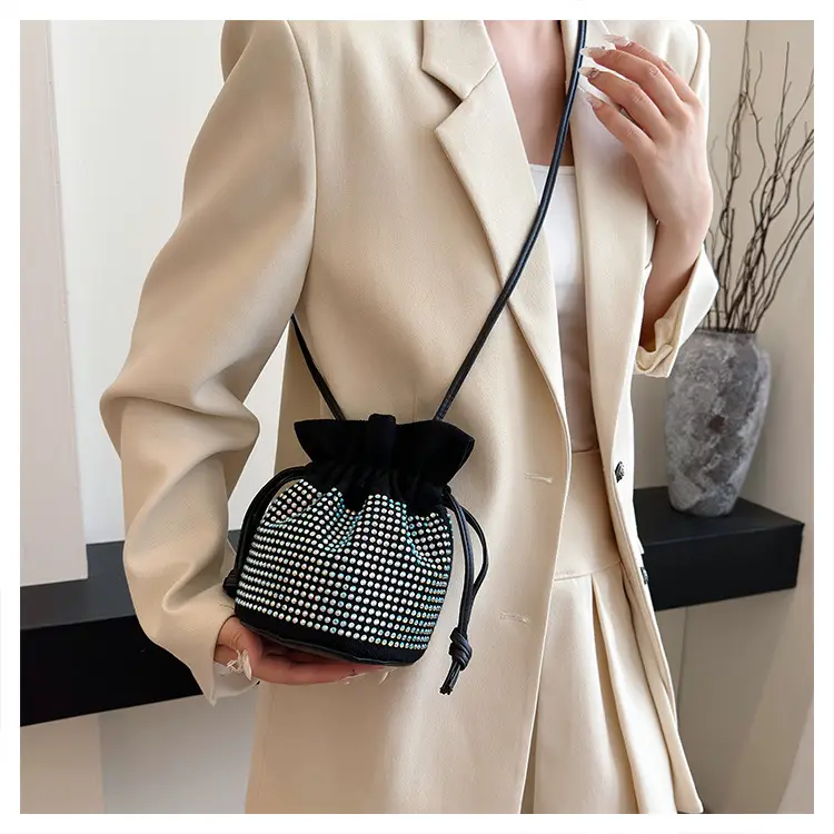 Diamond Drawstring Bag for Women Black White Sparkle Belted — feature 16