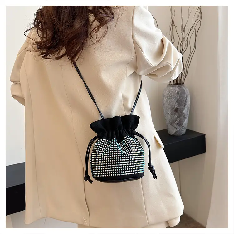 Diamond Drawstring Bag for Women Black White Sparkle Belted — feature 17