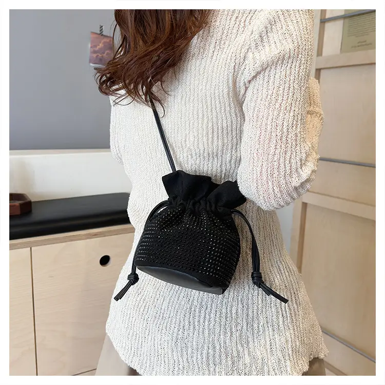 Diamond Drawstring Bag for Women Black White Sparkle Belted — feature 18