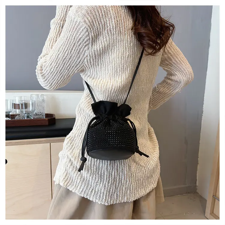 Diamond Drawstring Bag for Women Black White Sparkle Belted — feature 19