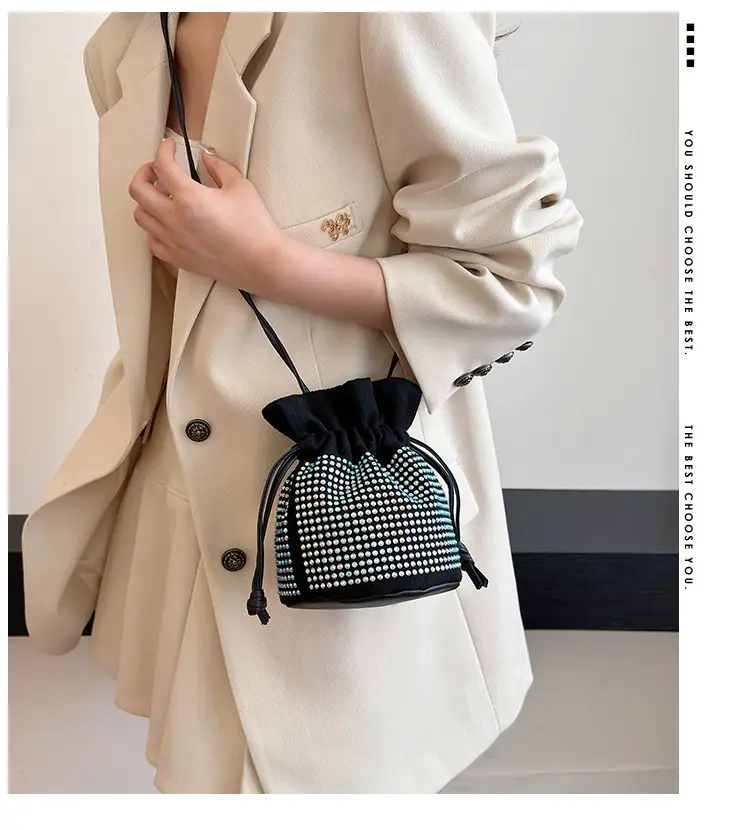 Diamond Drawstring Bag for Women Black White Sparkle Belted — feature 2