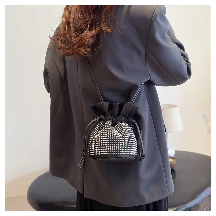 Diamond Drawstring Bag for Women Black White Sparkle Belted — feature 20