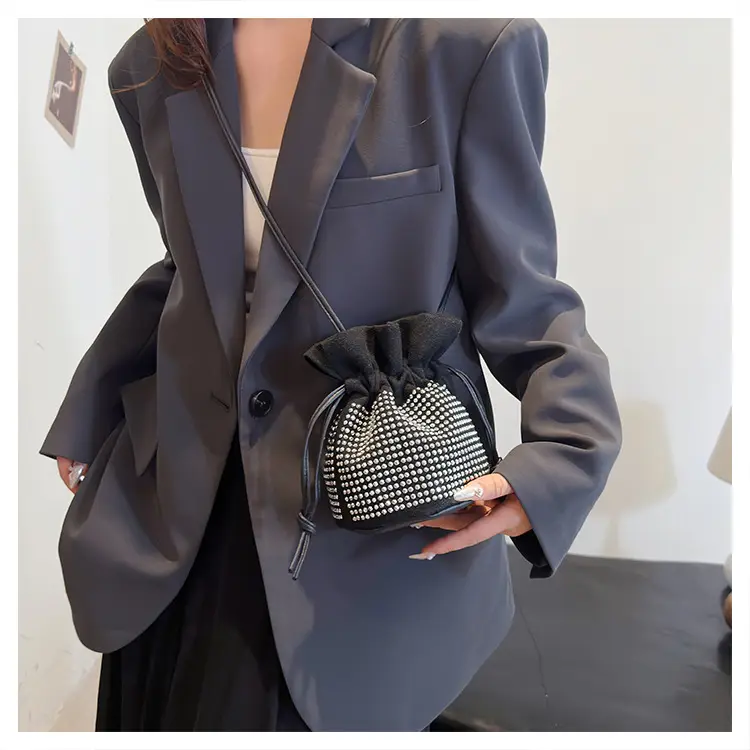 Diamond Drawstring Bag for Women Black White Sparkle Belted — feature 21