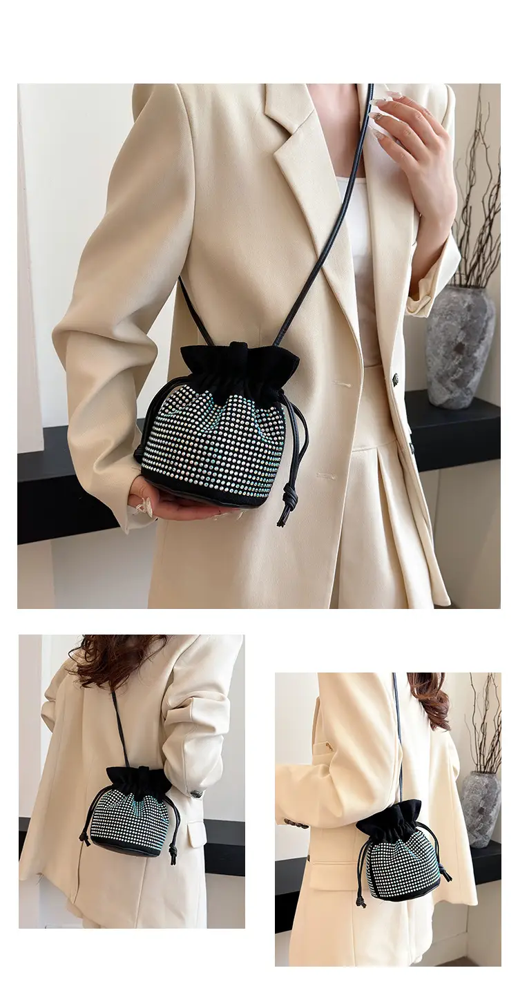 Diamond Drawstring Bag for Women Black White Sparkle Belted — feature 23