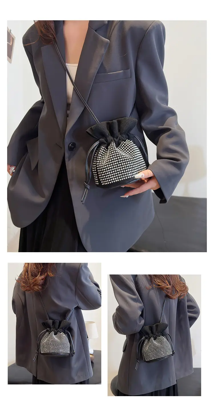 Diamond Drawstring Bag for Women Black White Sparkle Belted — feature 24