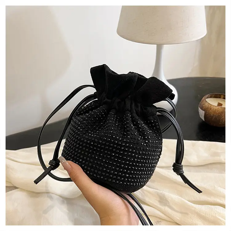 Diamond Drawstring Bag for Women Black White Sparkle Belted — feature 25