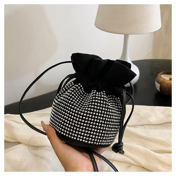 Diamond Drawstring Bag for Women Black White Sparkle Belted — feature 26