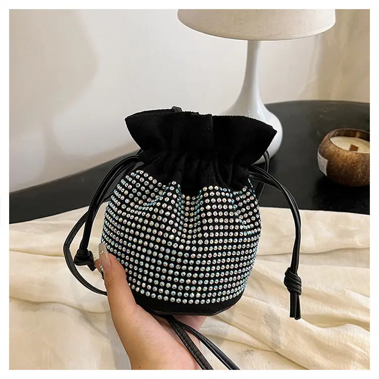 Diamond Drawstring Bag for Women Black White Sparkle Belted — feature 27
