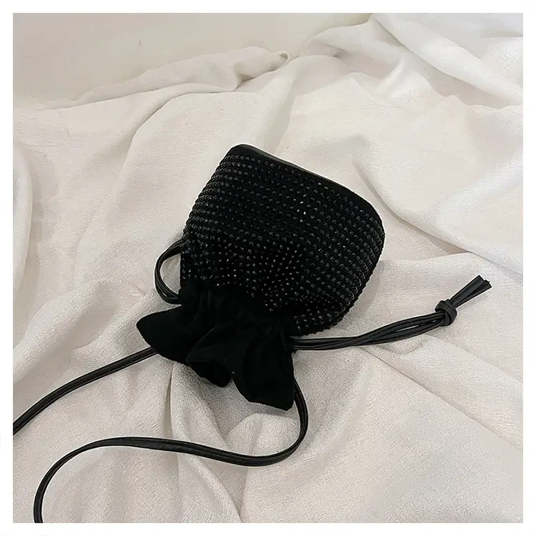 Diamond Drawstring Bag for Women Black White Sparkle Belted — feature 28