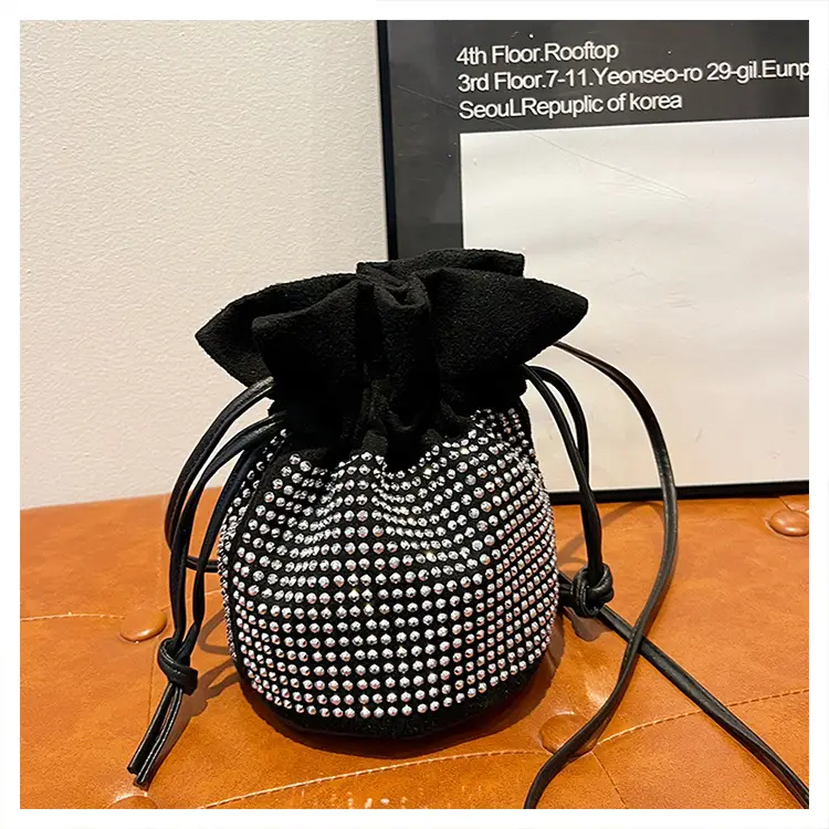 Diamond Drawstring Bag for Women Black White Sparkle Belted — feature 31