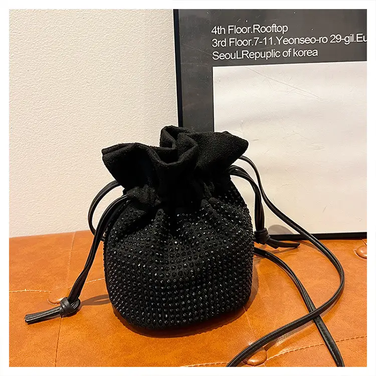 Diamond Drawstring Bag for Women Black White Sparkle Belted — feature 32