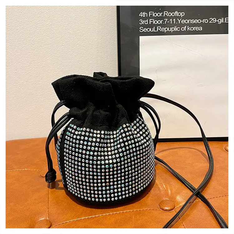 Diamond Drawstring Bag for Women Black White Sparkle Belted — feature 33