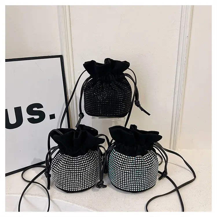 Diamond Drawstring Bag for Women Black White Sparkle Belted — feature 34
