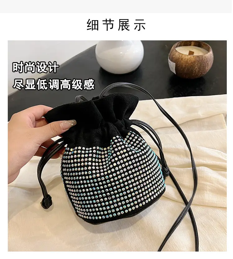 Diamond Drawstring Bag for Women Black White Sparkle Belted — feature 5