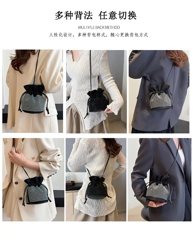 Diamond Drawstring Bag for Women Black White Sparkle Belted — feature 6