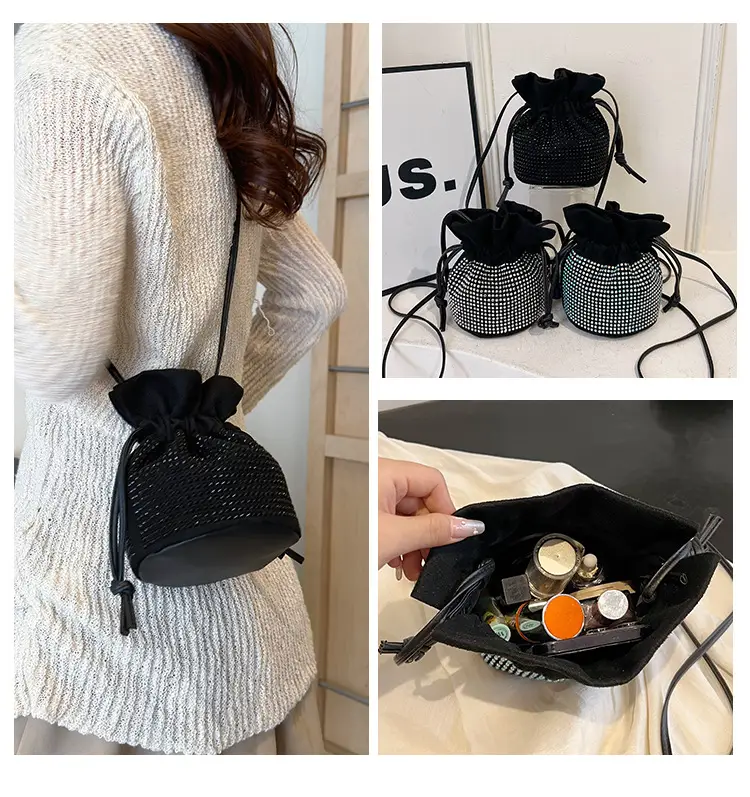 Diamond Drawstring Bag for Women Black White Sparkle Belted — feature 7