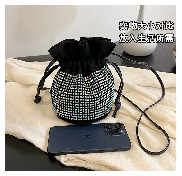 Diamond Drawstring Bag for Women Black White Sparkle Belted — feature 9