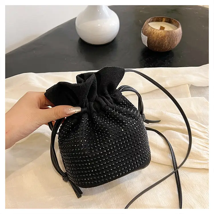 Diamond Drawstring Bag for Women Black White Sparkle Belted