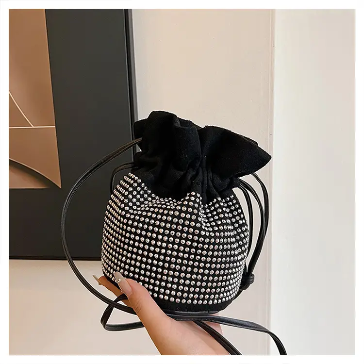 Diamond Drawstring Bag for Women Black White Sparkle Belted