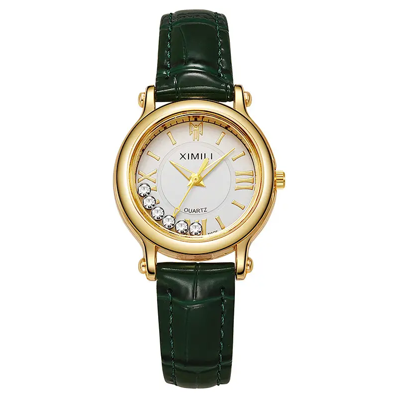 Women's Gold Diamond Watch with Grey Leather Strap - Image 5