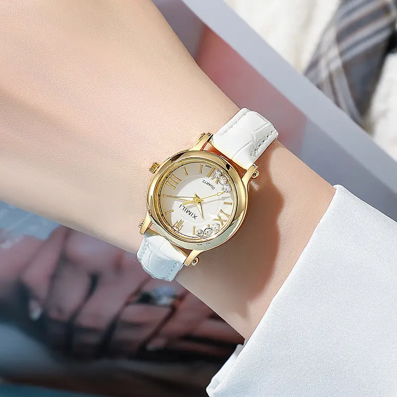 Women's Gold Diamond Watch with Grey Leather Strap - Image 7