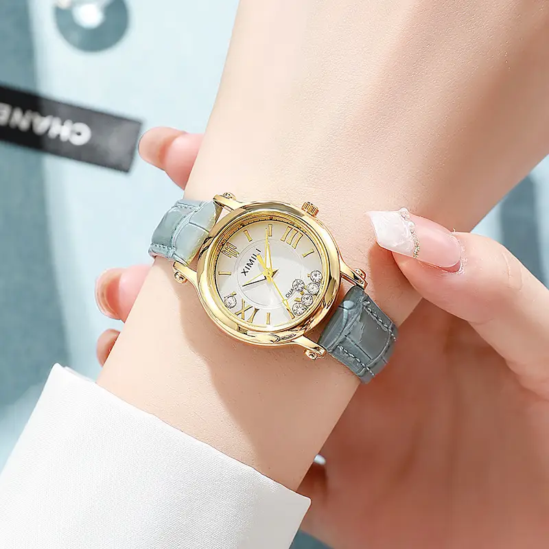 Women's Gold Diamond Watch with Grey Leather Strap - Image 8