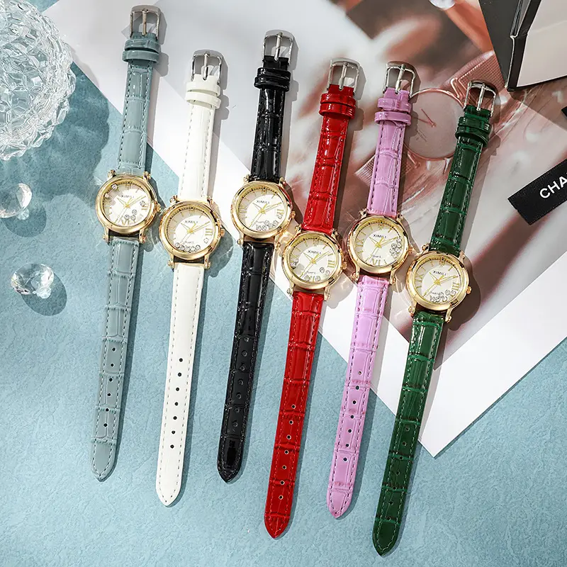 Women's Gold Diamond Watch with Grey Leather Strap - Image 9
