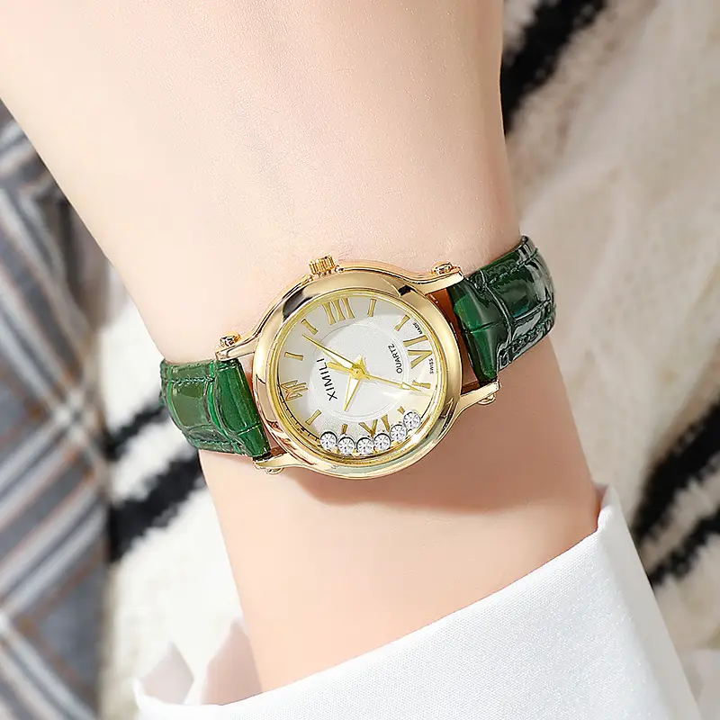 Women's Gold Diamond Watch with Grey Leather Strap — feature 2