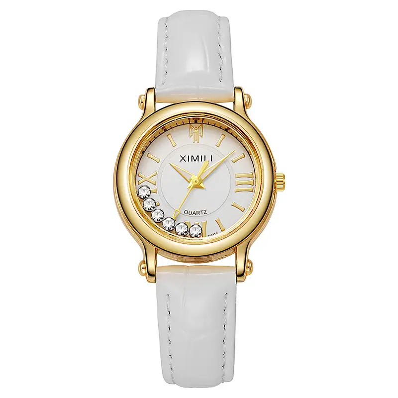 Women's Gold Diamond Watch with Grey Leather Strap - Image 2