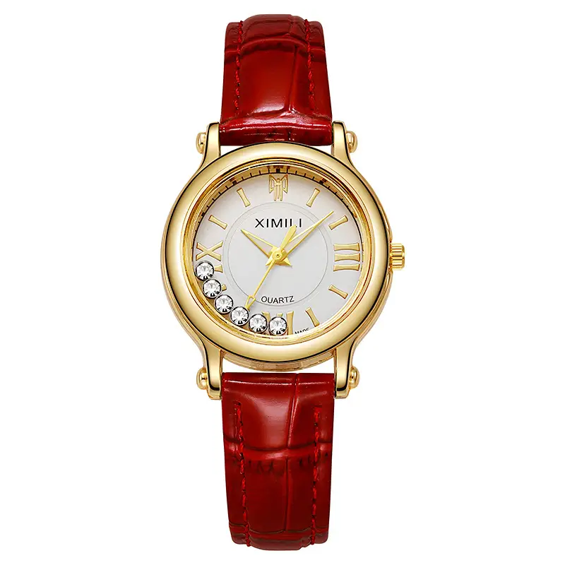 Women's Gold Diamond Watch with Grey Leather Strap - Image 3