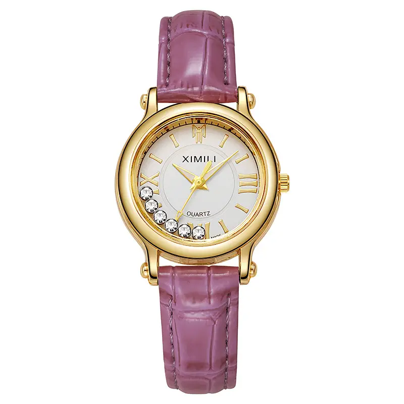 Women's Gold Diamond Watch with Grey Leather Strap - Image 4
