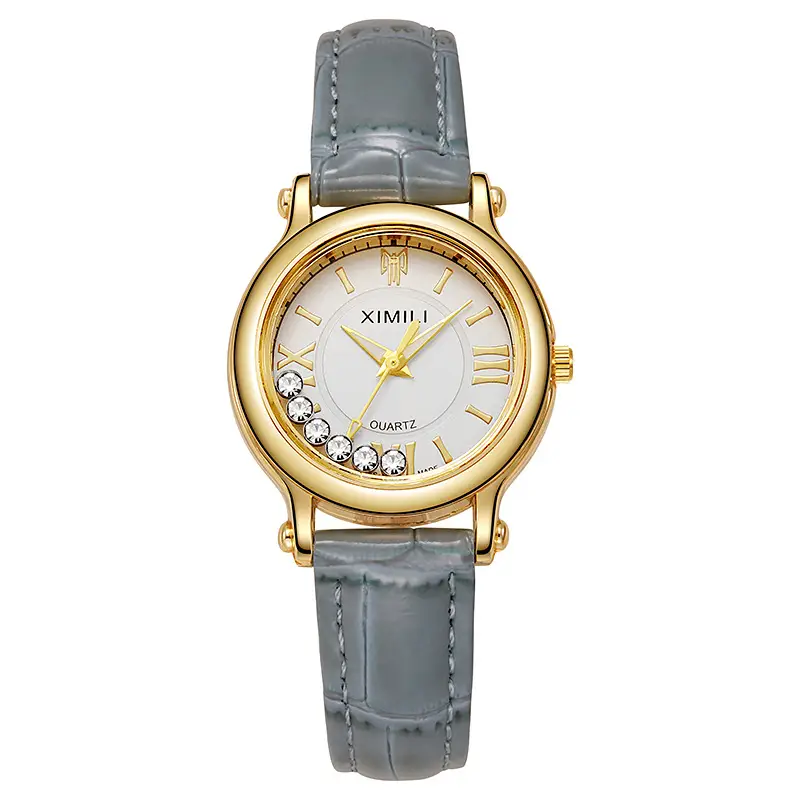 Women's Gold Diamond Watch with Grey Leather Strap - Image 6