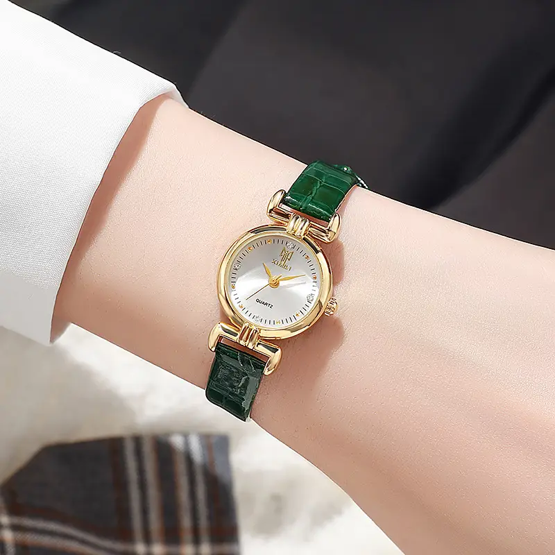Women's Green Leather Watch with Gold Dial