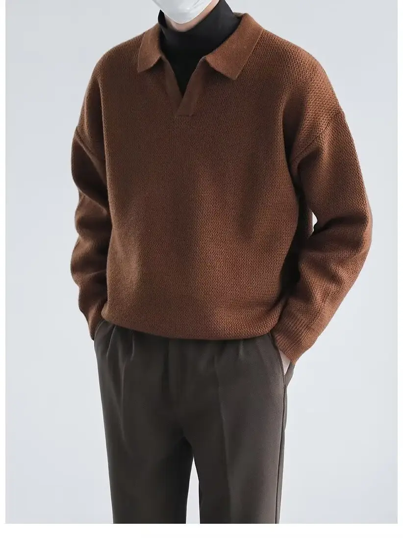Men's Black Lapel Sweater Long Sleeve Loose Solid Color - Image 5