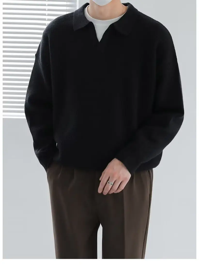 Men's Black Lapel Sweater Long Sleeve Loose Solid Color - Image 6