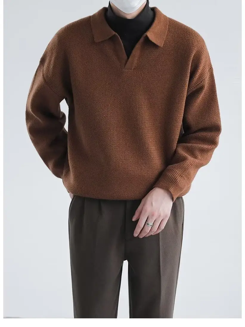 Men's Black Lapel Sweater Long Sleeve Loose Solid Color - Image 7