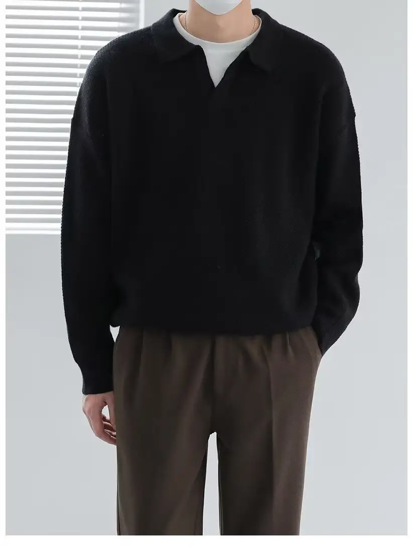 Men's Black Lapel Sweater Long Sleeve Loose Solid Color - Image 8