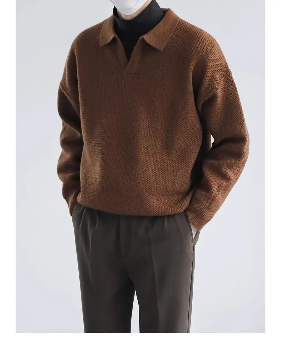 Men's Black Lapel Sweater Long Sleeve Loose Solid Color — feature 1