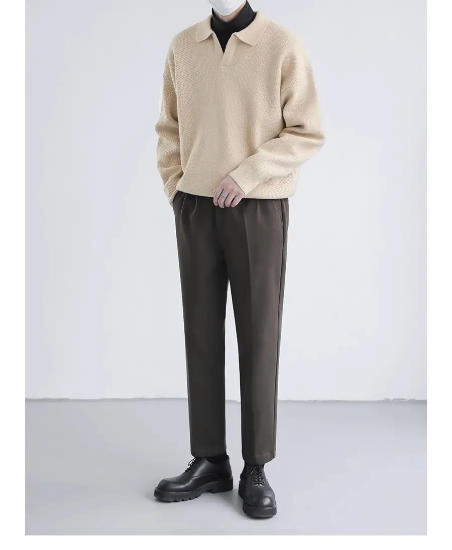 Men's Black Lapel Sweater Long Sleeve Loose Solid Color — feature 10