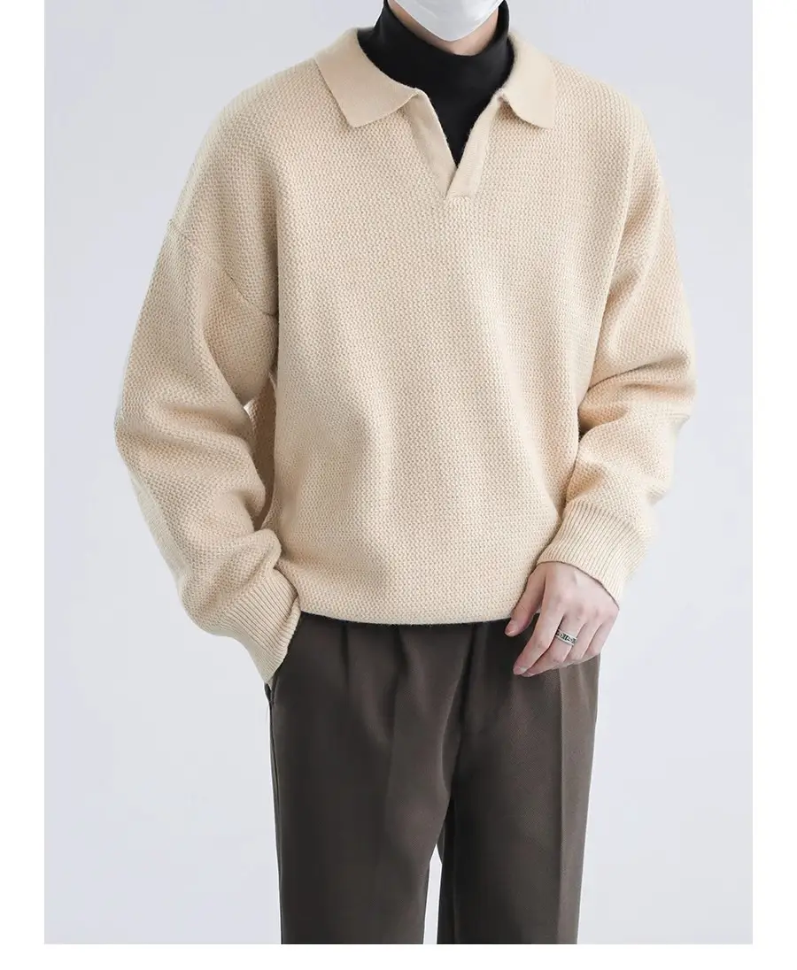 Men's Black Lapel Sweater Long Sleeve Loose Solid Color — feature 11
